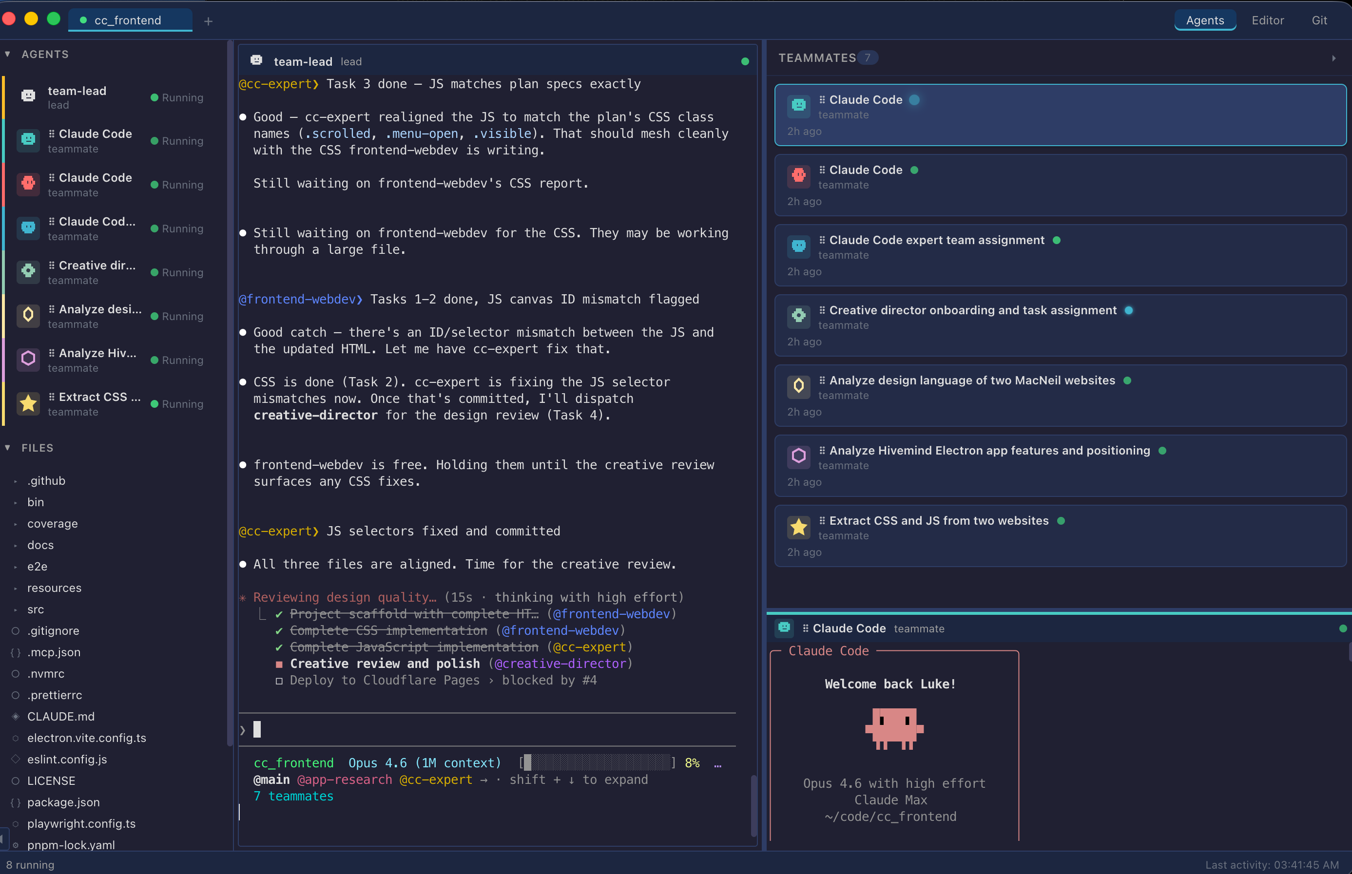 Hivemind team coordination with teammate status cards